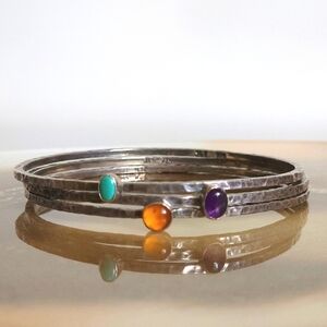 Sterling Silver Bangle Bracelets | Stacking Set of 3 | Natural Gemstones